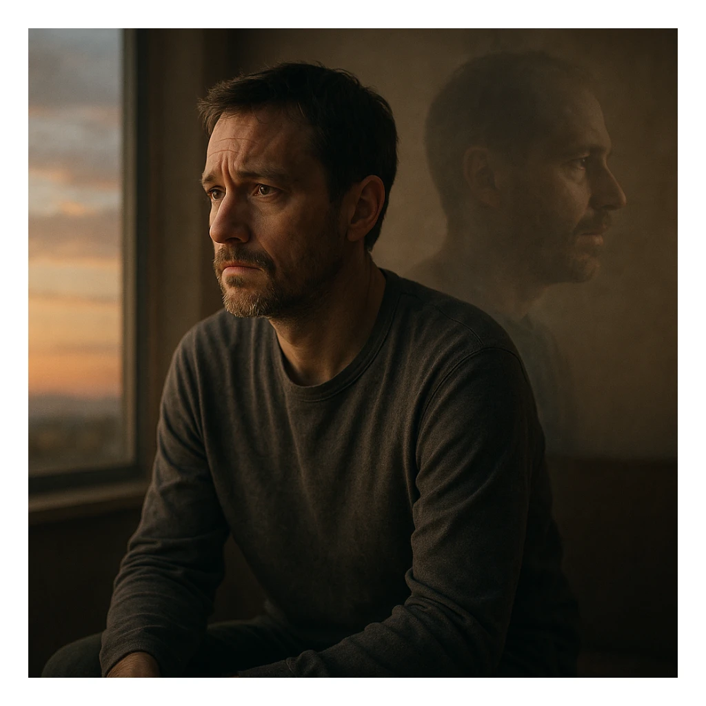 A thoughtful man sitting alone in a quiet room or outside at sunset, gazing into the distance with an introspective and emotional expression. A faint ghostly double exposure shows an alternate version of himself in the background, symbolizing a 'what if' shaped by a life-changing diagnosis. The setting is calm but emotionally deep, cinematic style, emotional realism, soft lighting, symbolic duality, quiet sadness and wonder, hyperrealistic 4K. sticker