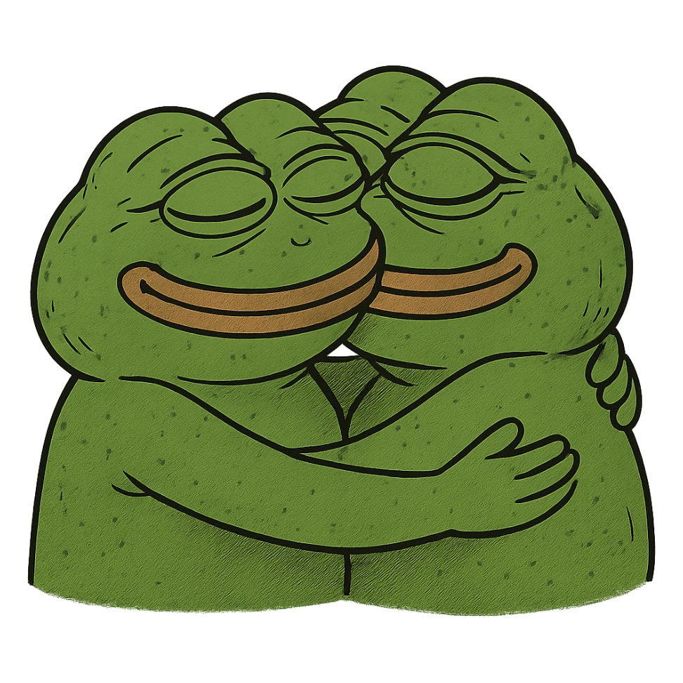 Two girls in a warm hug, bufo frog meme style, green frogs sticker