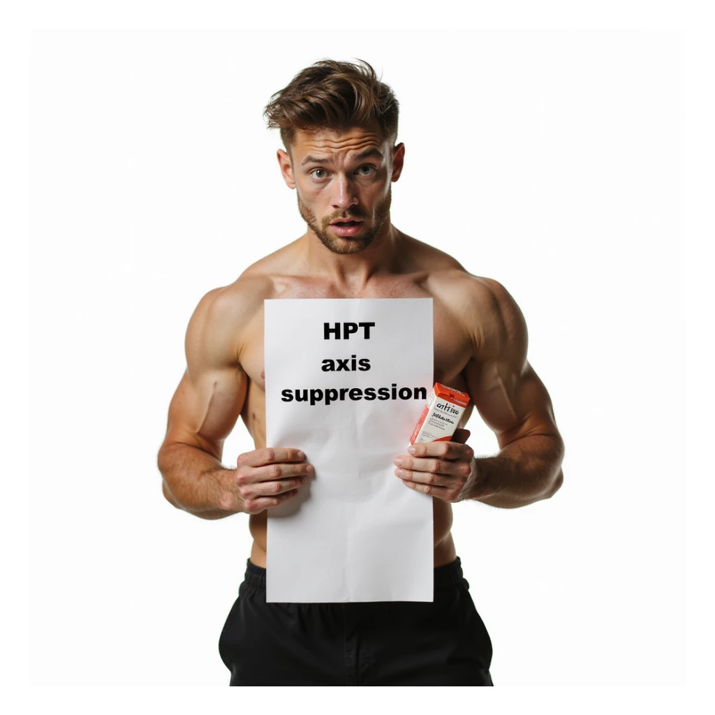 muscular young man reading paper with text 'HPT axis suppression', holding box of oral steroids, shocked expression, isolated on white background sticker