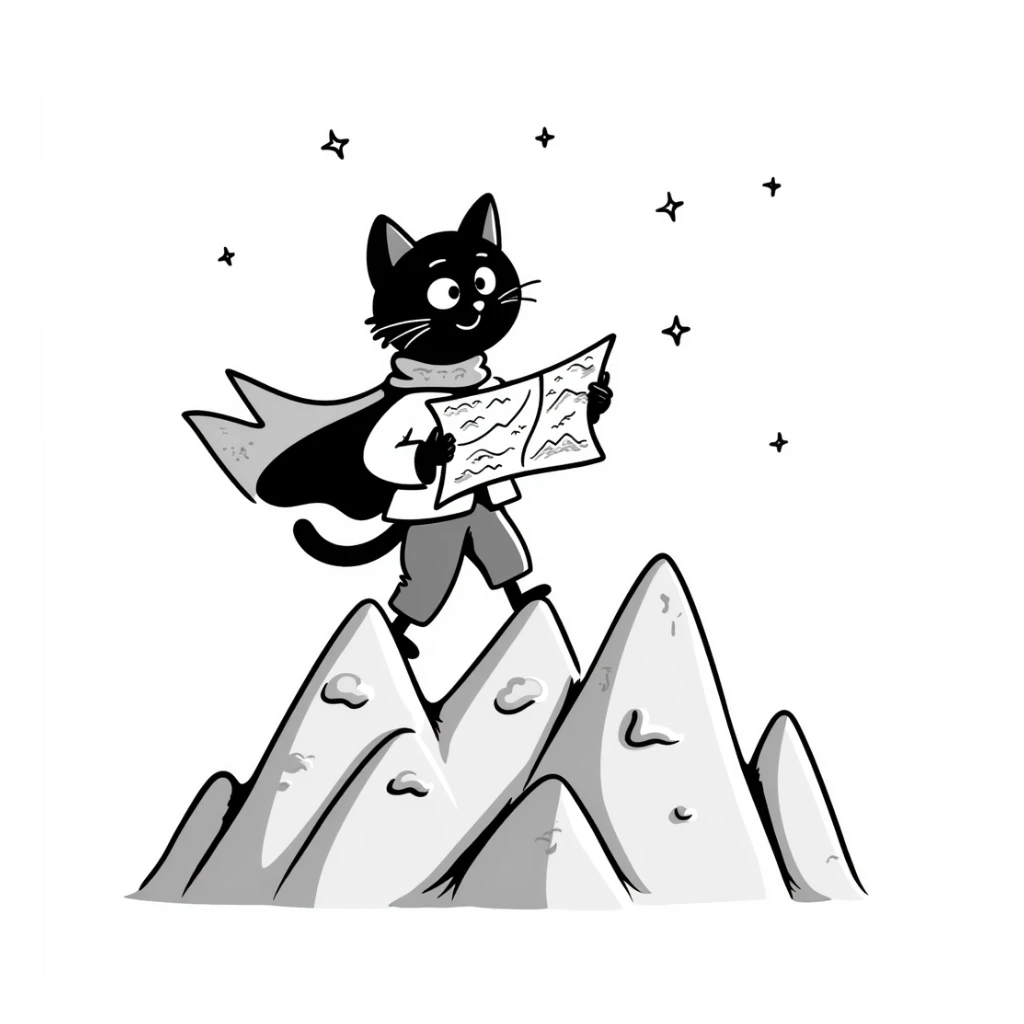 Adventurous cat explorer holding a map, standing on mountain ridge with stars in background, light clothing and cape blowing in wind, looking into the distance sticker