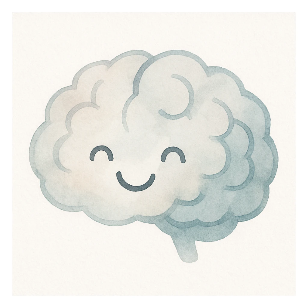 brain with eyes and joyful expression, artistic watercolor style sticker