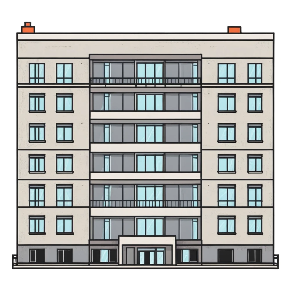 Soviet-era panel apartment building with rows of identical windows, gray concrete facade, flat roof, typical Russian multi-story residential building sticker