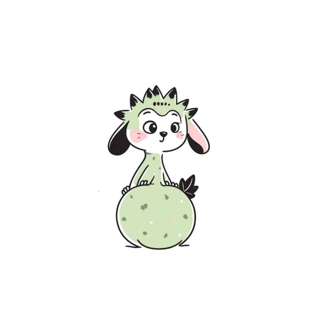Kawaii bunny plant dragon with tiny spikes, extremely cute, giant sparkly eyes, blushing cheeks, pastel colors, small mouth, adorable expression, very scribbly messy hand drawn style, loose sketchy lines sticker