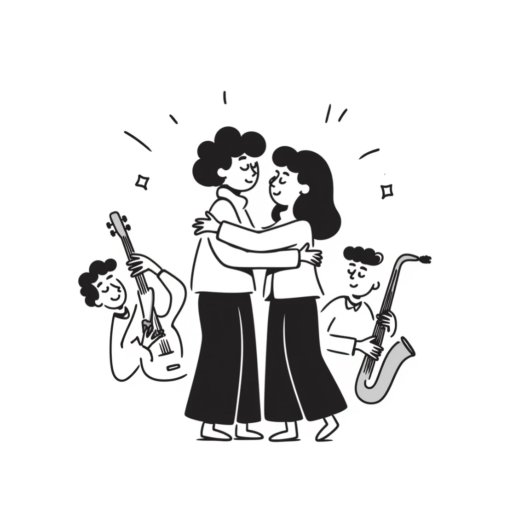 Two musicians of the same gender giving each other a friendly side hug, professional greeting, fraternal embrace, smiling, musical instruments nearby, colleagues congratulating each other sticker