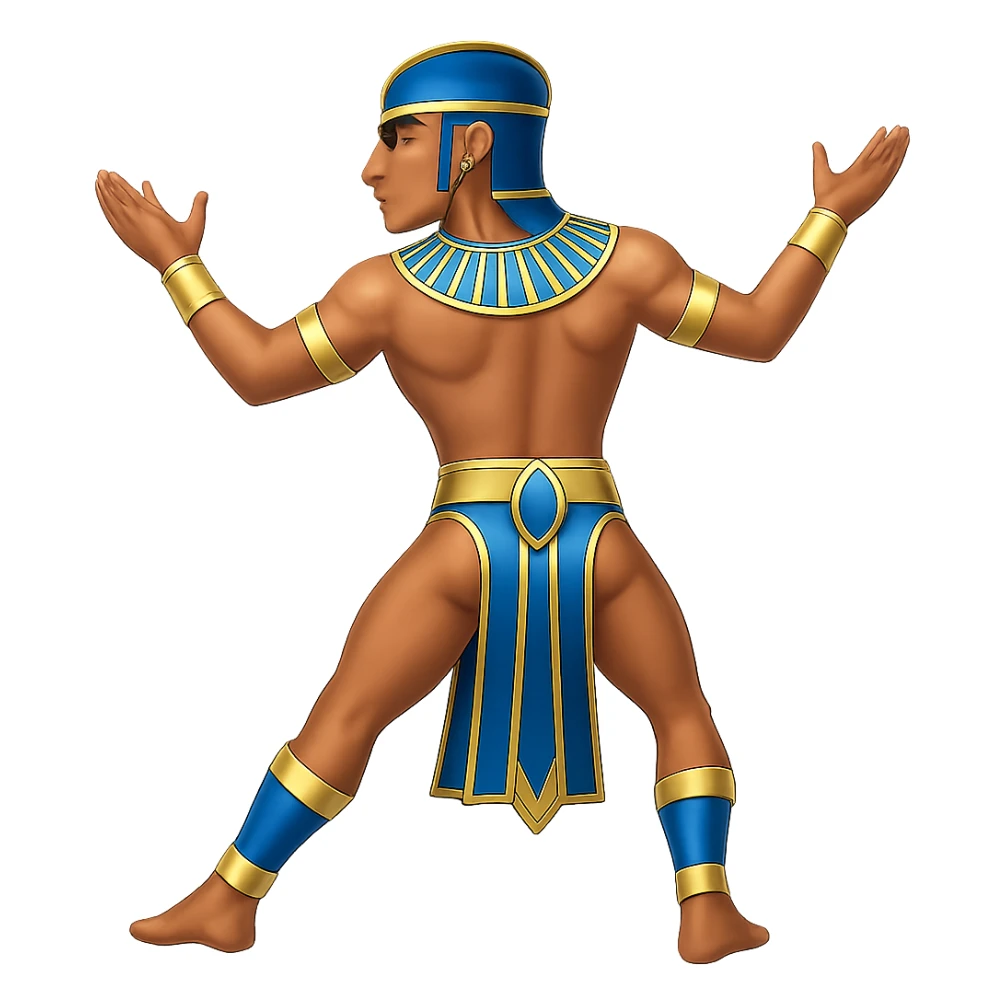 Remove the horns from the Egyptian human bull leaper in the back view 'are you entertained' pose. Add blue and gold accents. Preserve all other details. The style is emoji style. Remove the background. sticker
