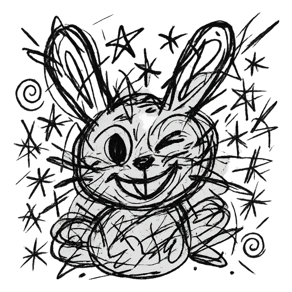 A winking bunny icon, black and white, no fill, chaotic icon sticker