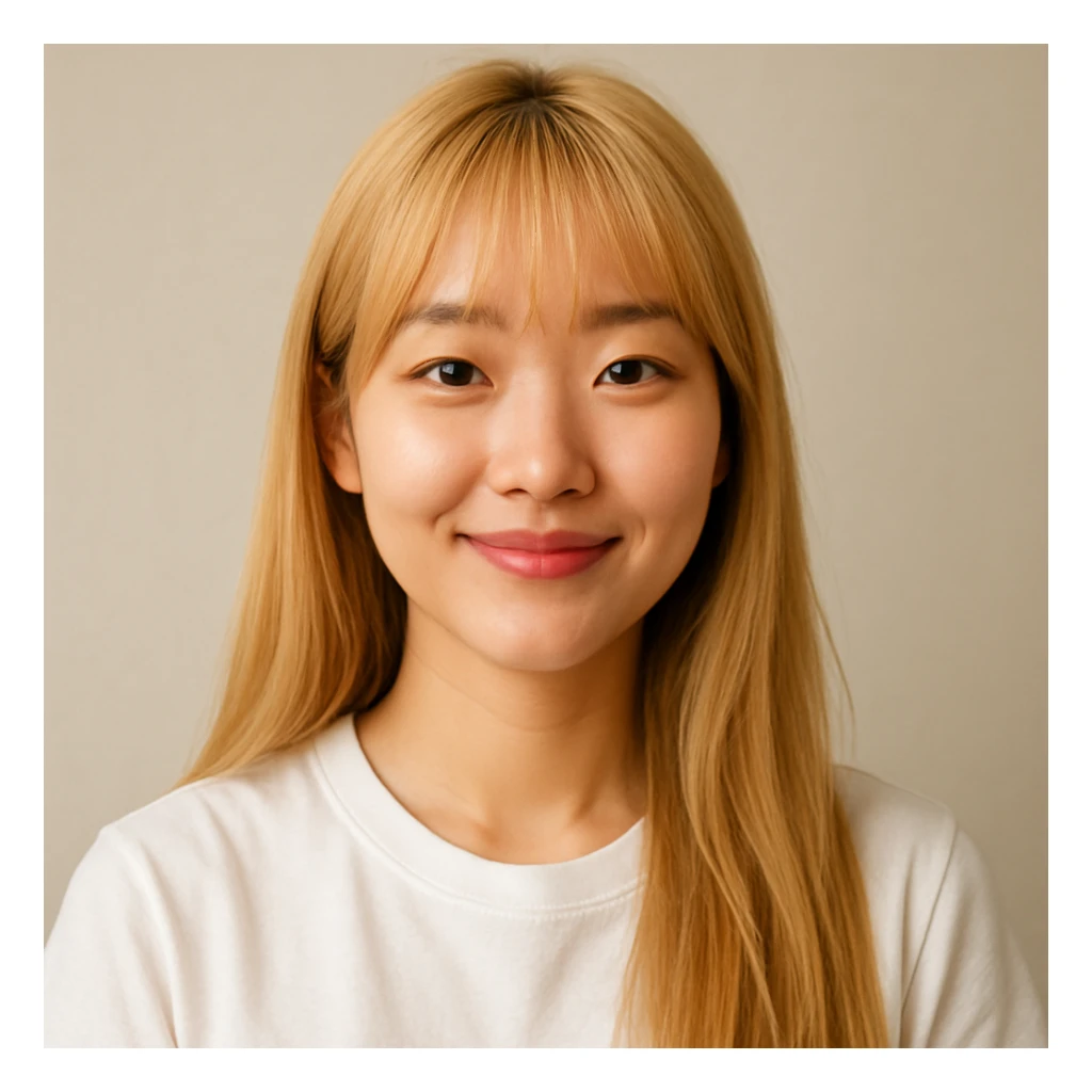 Korean girl with long blond hair and bangs, friendly expression, simple background sticker