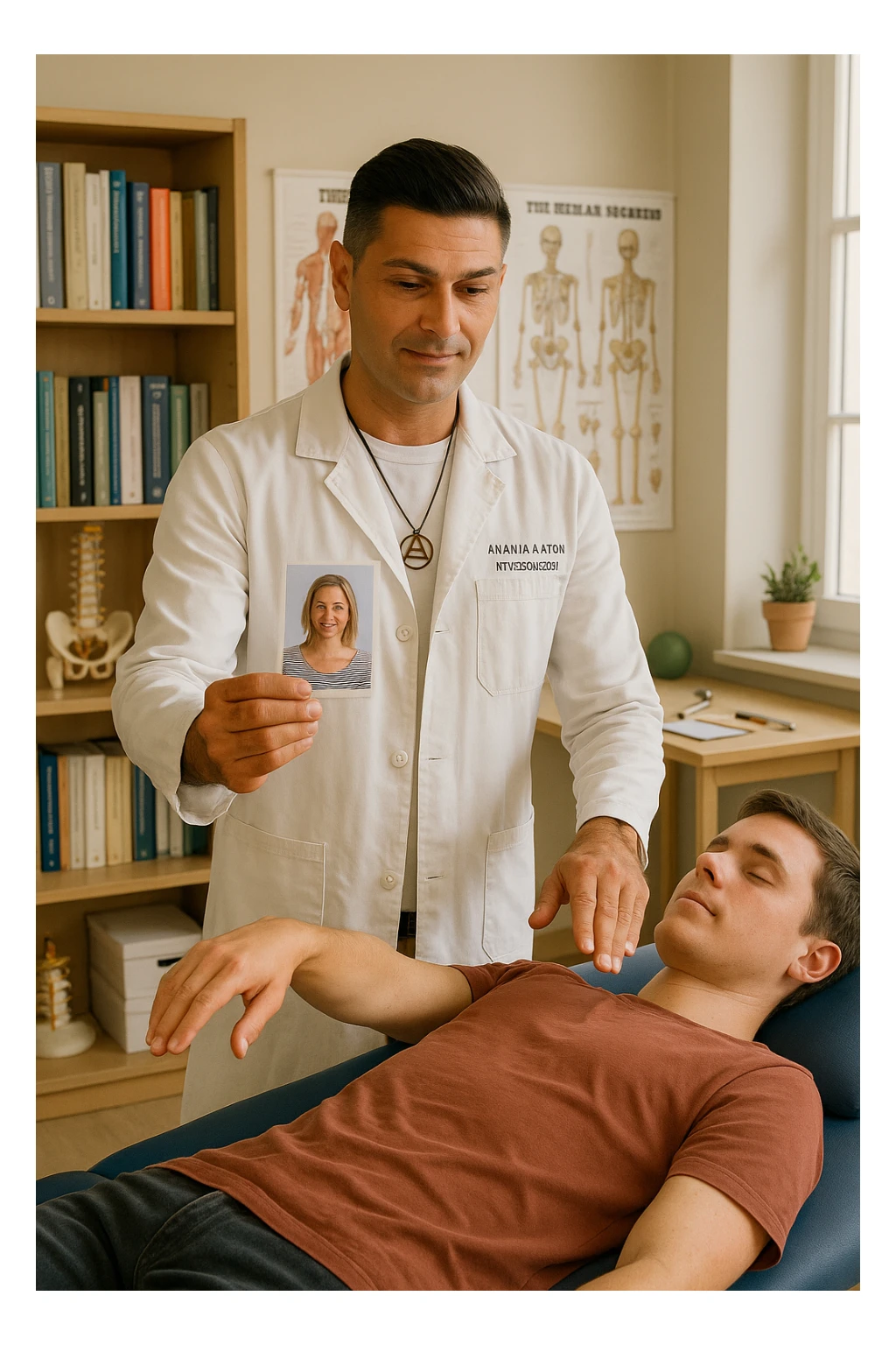 a middle-aged man, dressed in casual professional attire, is in a bright, organized therapy studio. Durante una visita di kinesiologia, il ragazzo tiene con una mano la foto di una persona lontana (il “testimone”) tiene la foto in mano, mentre con l’altra mano esegue un test muscolare su un cliente presente senza foto. Sullo sfondo si vedono libri di kinesiologia, poster anatomici e strumenti tipici della disciplina. L’atmosfera è concentrata e serena, con luce naturale che entra dalla finestra, sottolineando l’aspetto alternativo e umano della pratica. sticker