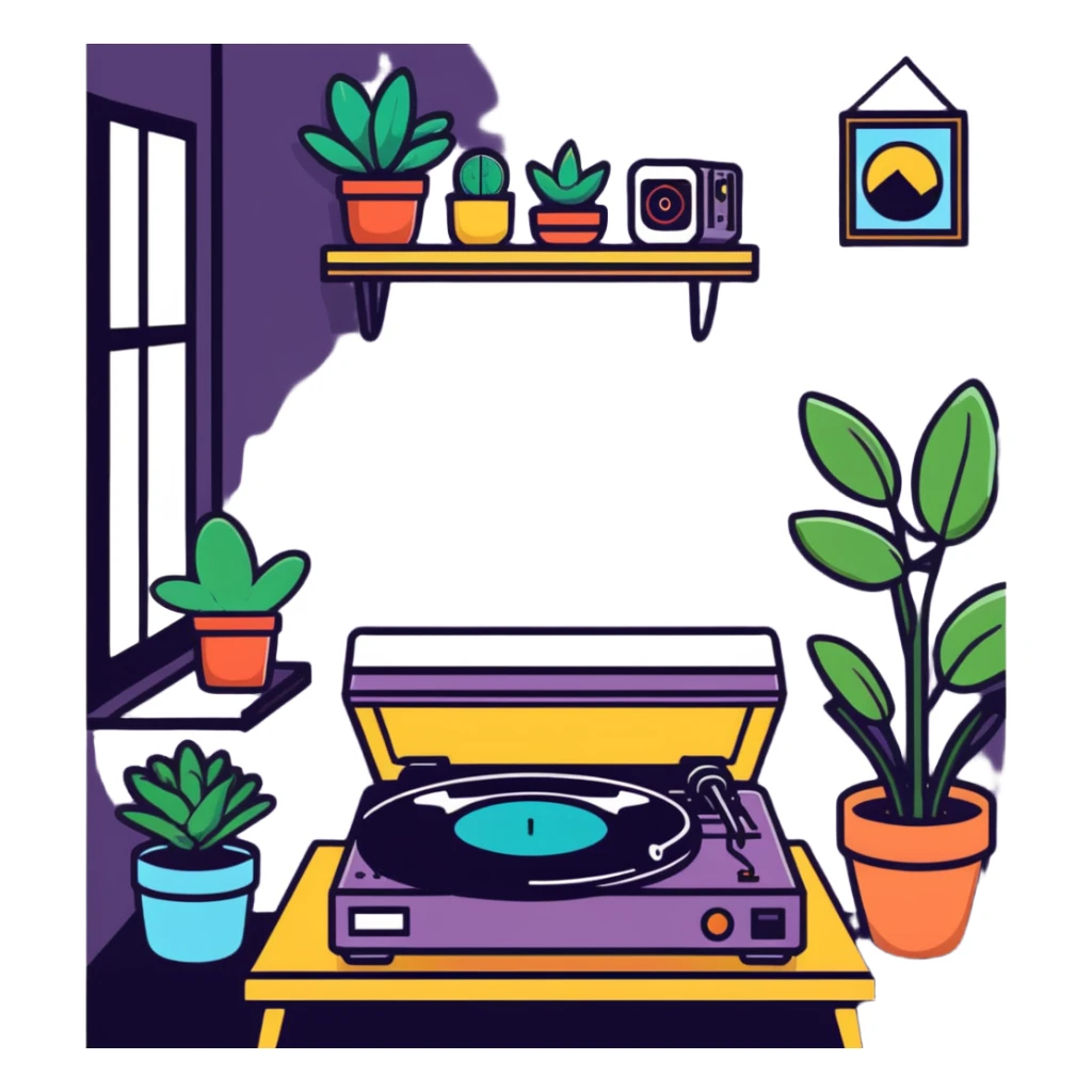 small bedroom with indie aesthetic, record player, art prints, potted plants, fairy lights, colorful pillows, vintage items sticker
