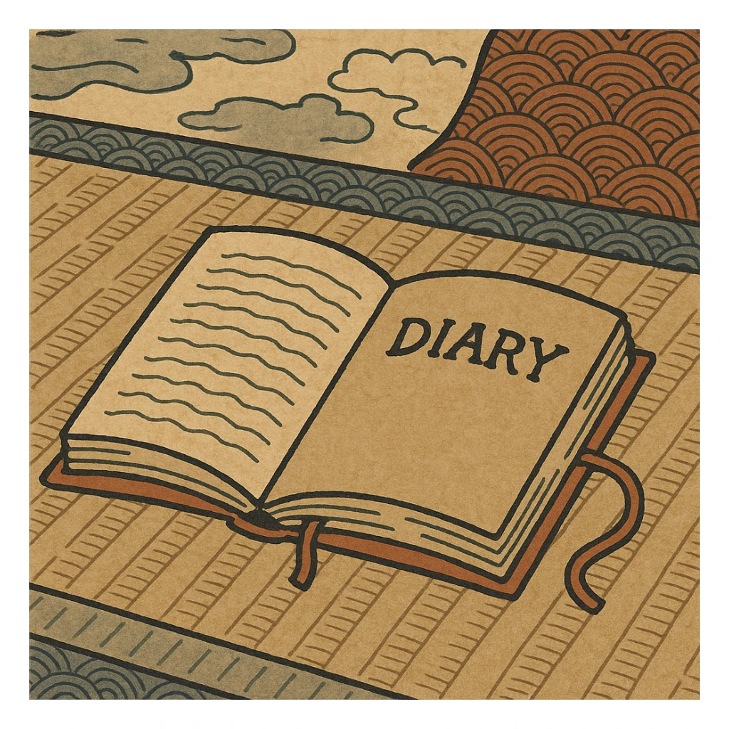 a diary, ukiyo-e style, Japanese woodblock print sticker