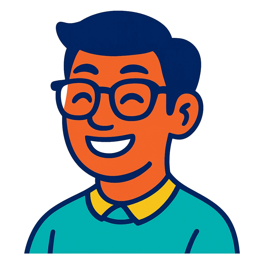 asian nerdy man with glasses, vibrant toon style sticker