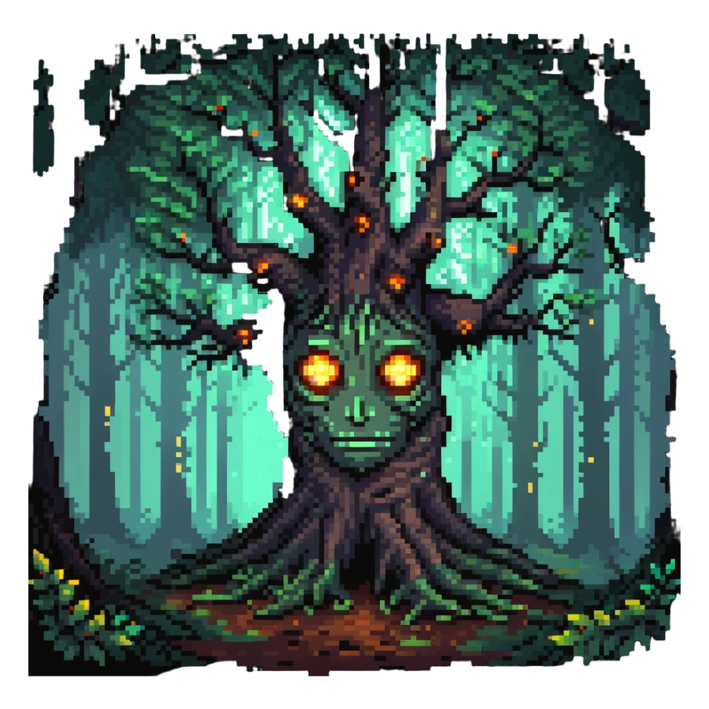 mystical tree with glowing eyes in the trunk, fantasy forest sticker