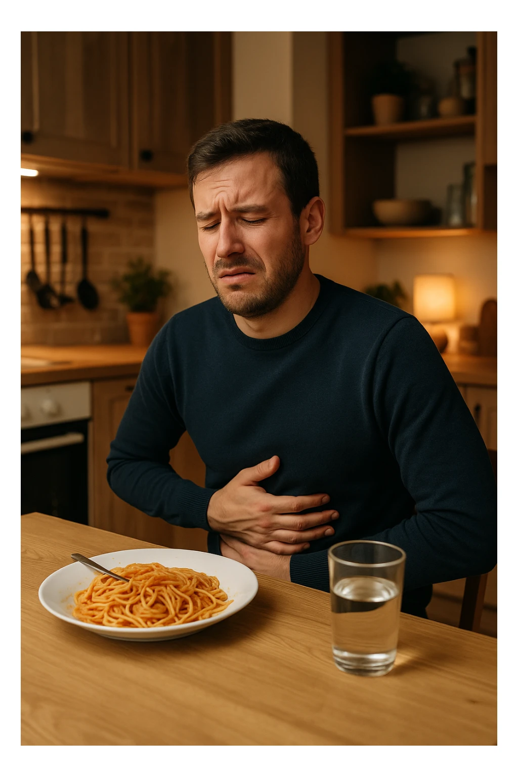 a man sits at a dining table, looking uncomfortable and holding his stomach after eating a plate of pasta. His expression shows mild pain or bloating. On the table, there’s a half-eaten plate of spaghetti, and a glass of water. The background is a cozy kitchen, but the focus is on the man’s discomfort.
 sticker