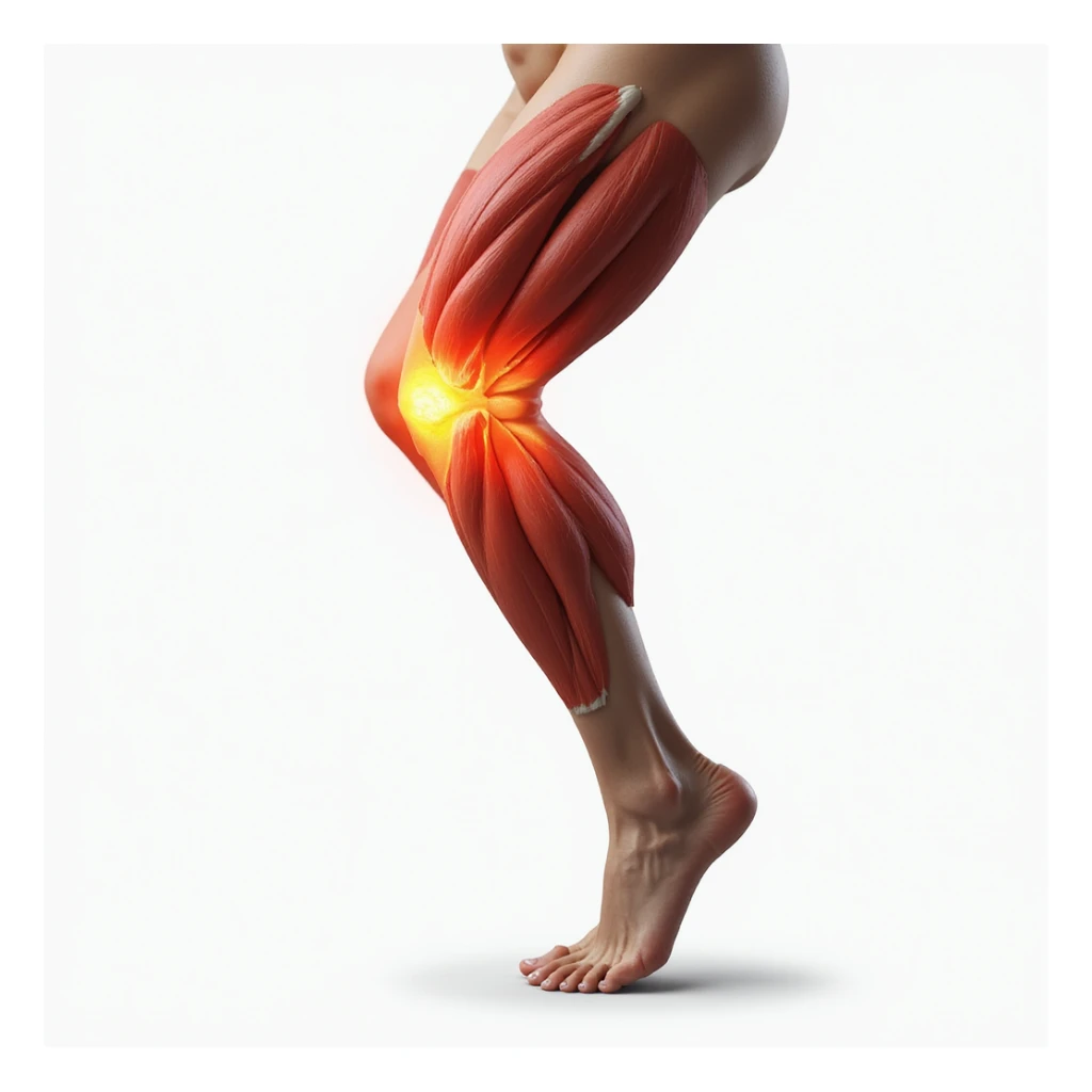 hyperrealistic illustration on white background of a leg with overload: tense posterior thigh muscles, reddened area, foot in flexion, 4K details, variant 7 sticker