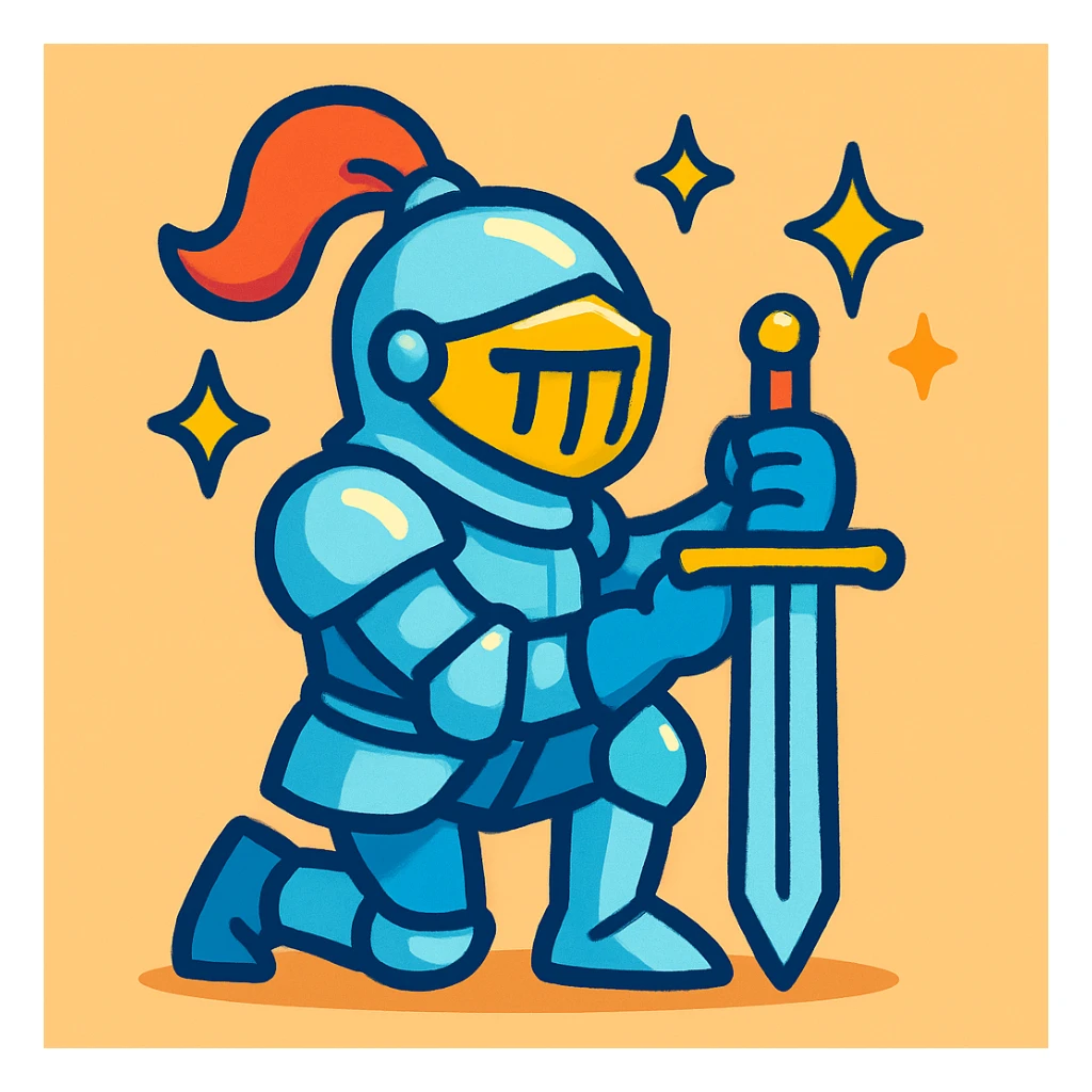 a knight kneeling with sparkles, cartoon style, bright colors sticker