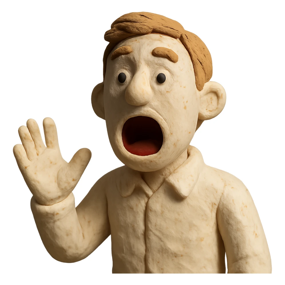 claymation style white man character with open mouth, expressive, as if loudly saying sticker