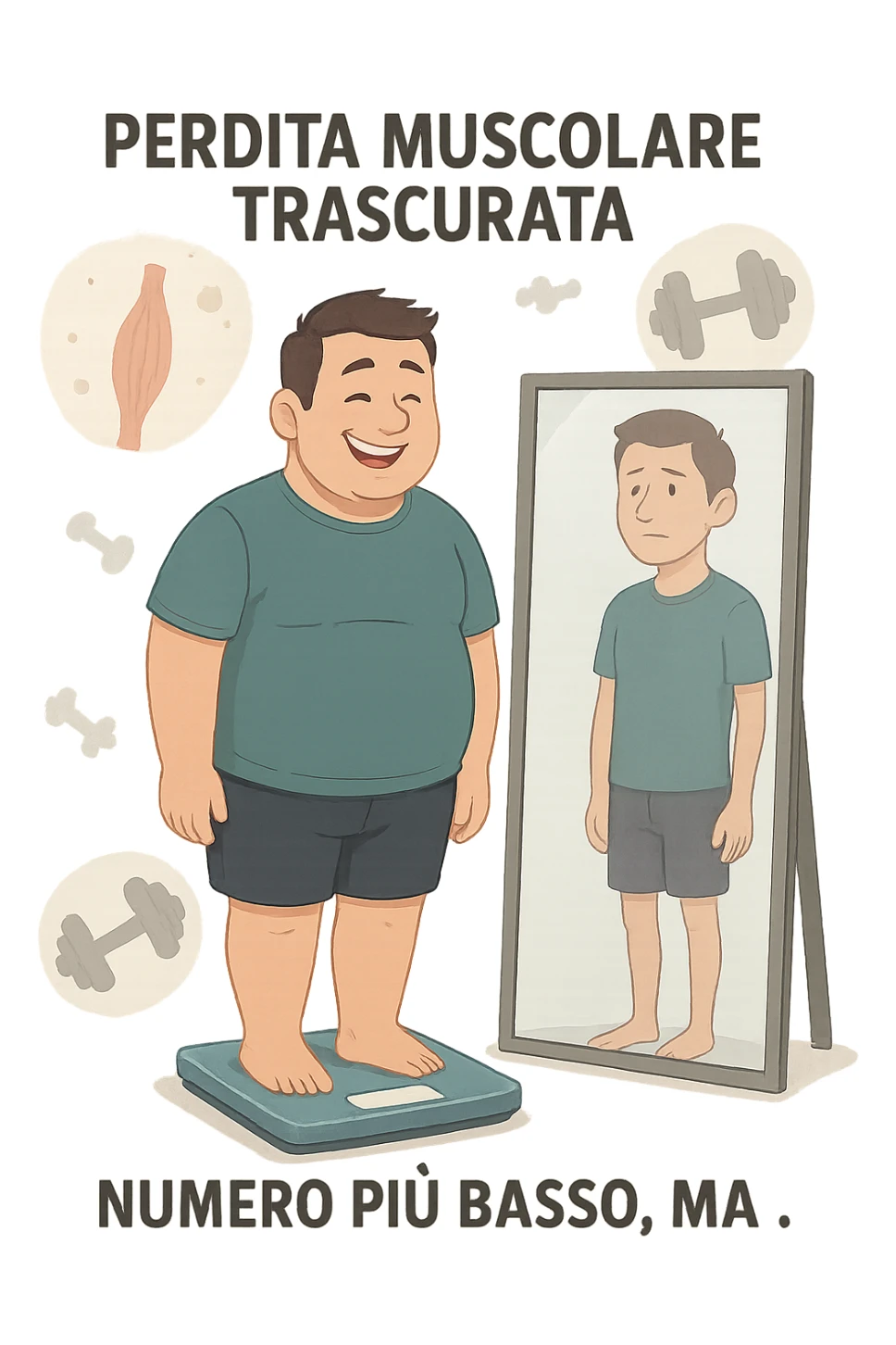a man stands on a scale, smiling at the lower number, but his reflection in a nearby mirror shows a thinner, but also visibly weaker and less muscular body. Around him, floating icons or faded images of muscle fibers and dumbbells highlight the overlooked loss of muscle mass. The mood is cautionary and educational. in italiano sticker