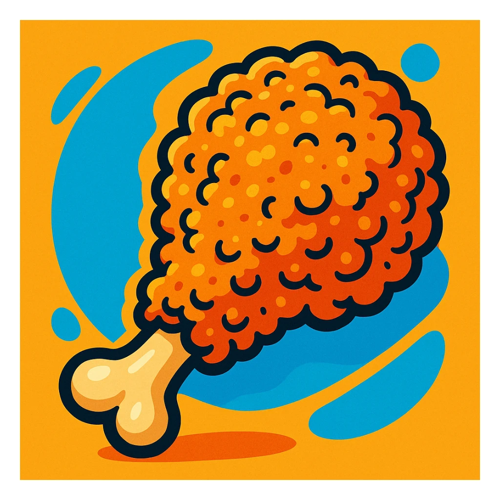 fried chicken, cartoon style, exaggerated crispy coating, bright colors, fun sticker
