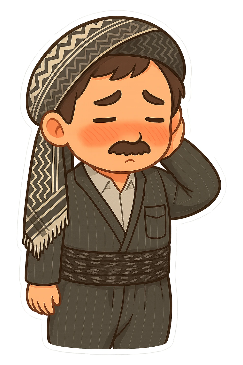 Cartoon sticker of a Kurdish man in the same clothes and scarf as the reference image, no changes to clothes or scarf. Face showing shy and embarrassed expression with red cheeks, looking down or to the side, hand behind head or hand on cheek. Colorful and cheerful style, no shadows or color halos around the image, no text, suitable for WhatsApp and Instagram, fully transparent background. sticker