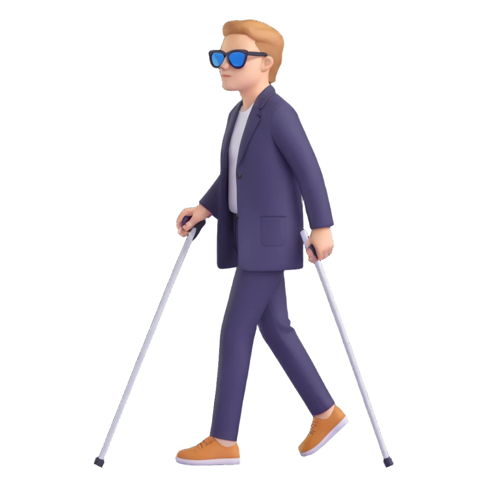 A blind person walking outdoors during the day, holding a single white cane in one hand. The person is wearing sunglasses and walking confidently. Emphasize that there is only one cane sticker
