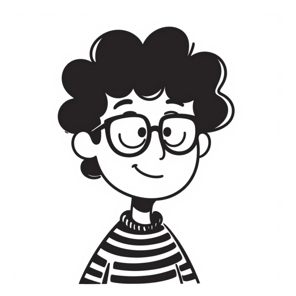 hand-drawn doodle of a dorky character with messy hair and glasses sticker
