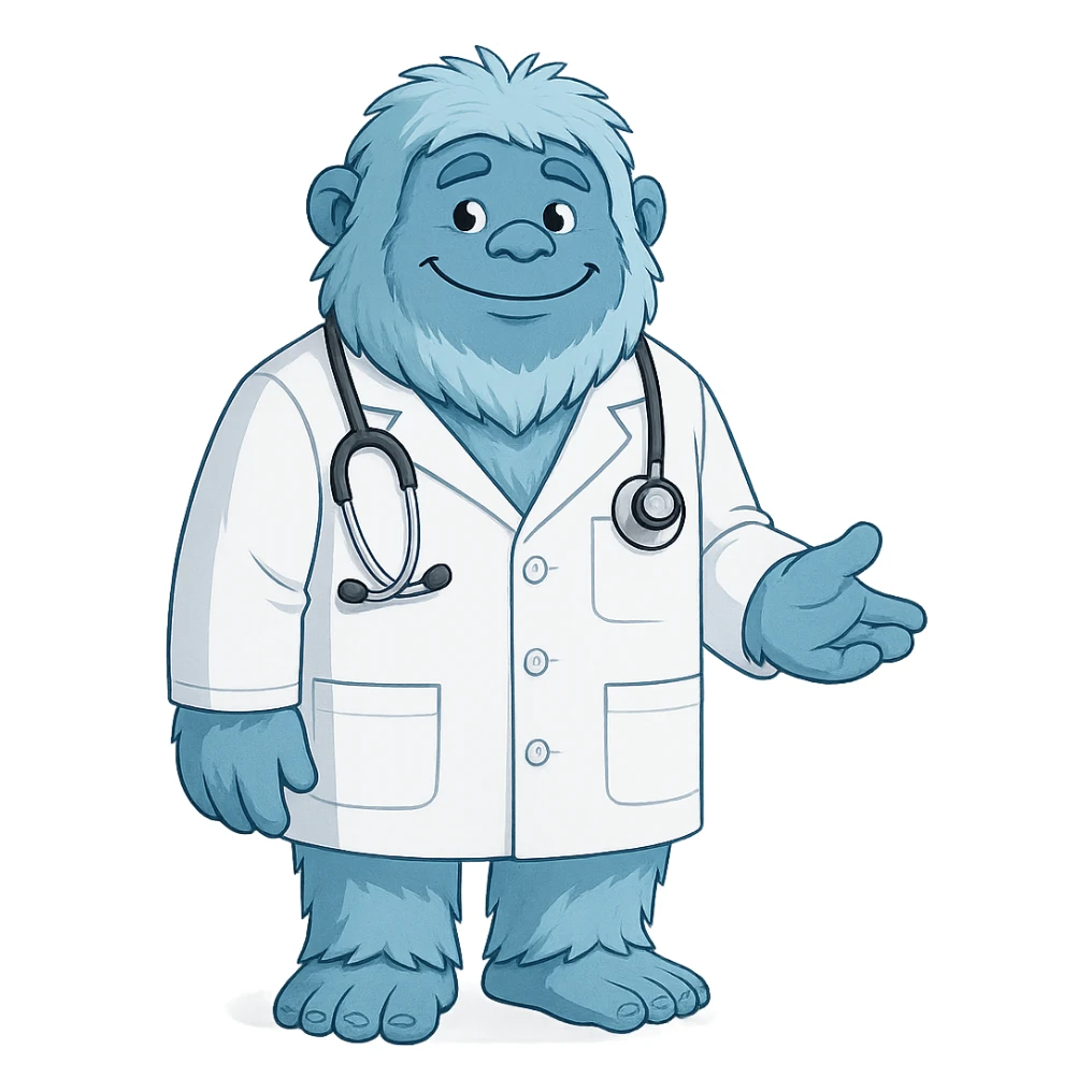 blue friendly yeti wearing a doctor's white coat, full body, approachable expression, medical theme sticker