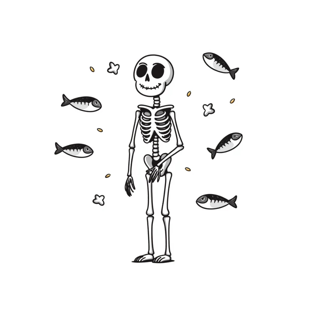 Ethereal skeleton in firm posture with floating sardines, bright yogurt, and golden sesame seeds around it, white light threads connecting the foods to the bones sticker