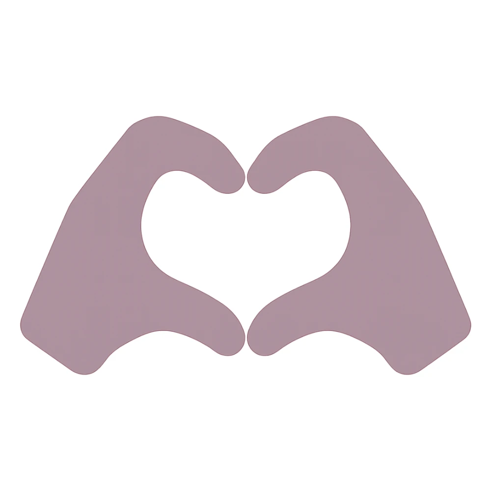 Make the hands more realistic while keeping the dull purple color-filled style, hands with rounded fingers making a heart shape, maintain transparent background. sticker