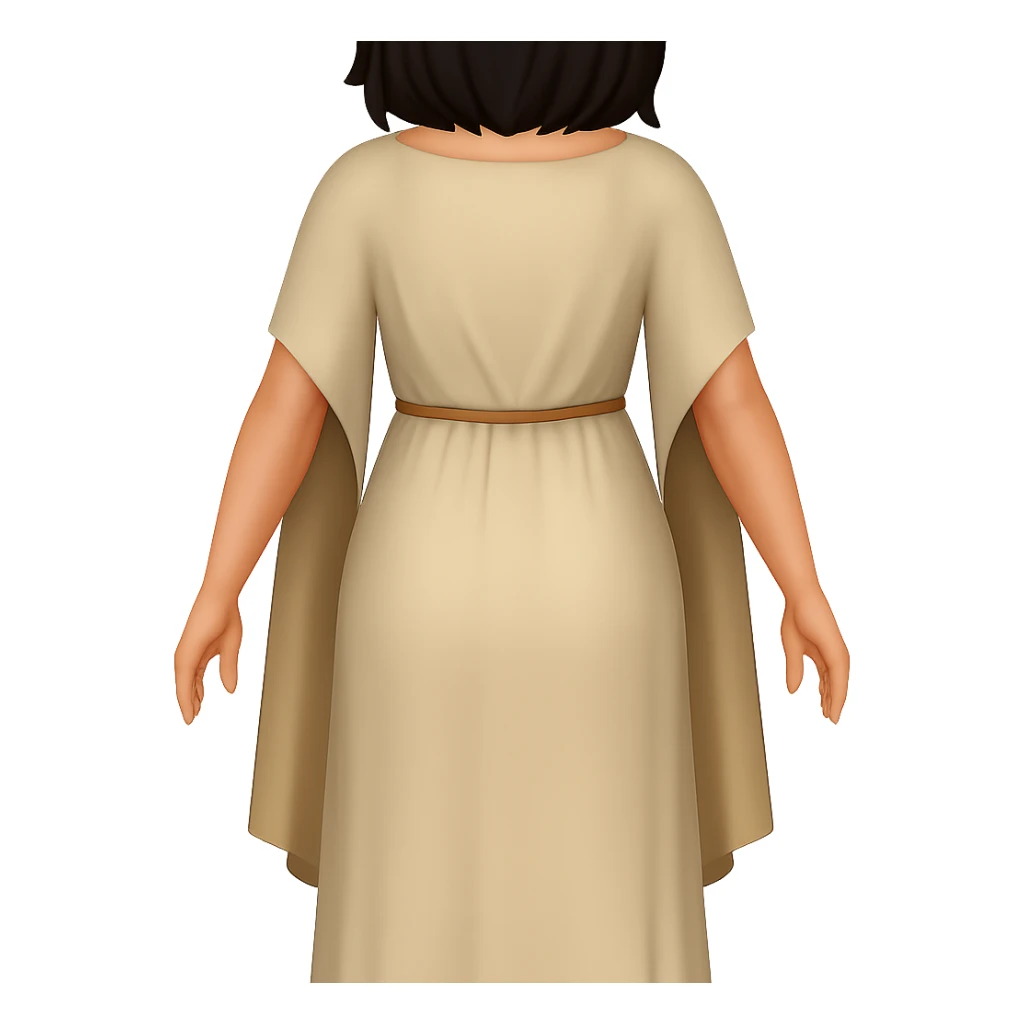Create a back view, fullbody emoji style character with the same style and proportions as the reference image. The character should wear a plain light tan dress, have dark hair, arms slightly away from body, and a transparent background. sticker