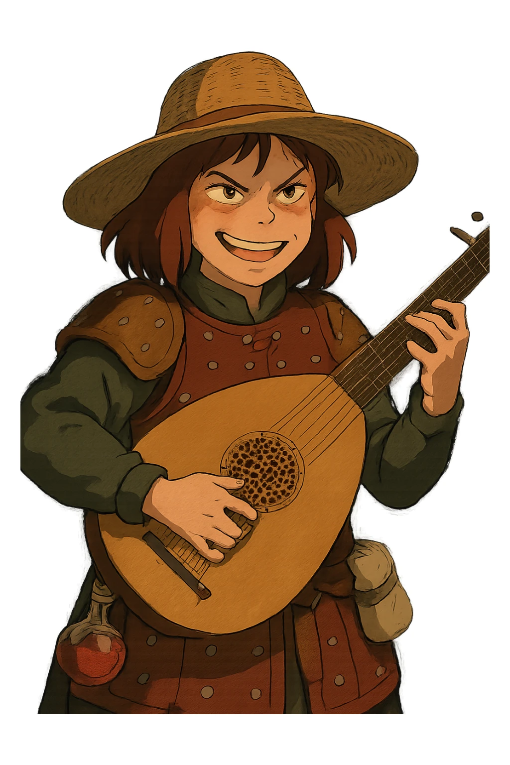 A female bard wearing brigandine armor with a sturdy straw hat, playing a fat medieval lute and singing, night time shadows, tool belt with red potion and bandages, portrait , mischievous grin, anger sticker