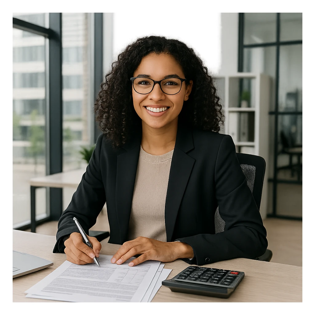 modern accountant, smiling, sitting at a desk with paperwork, modern office setting sticker