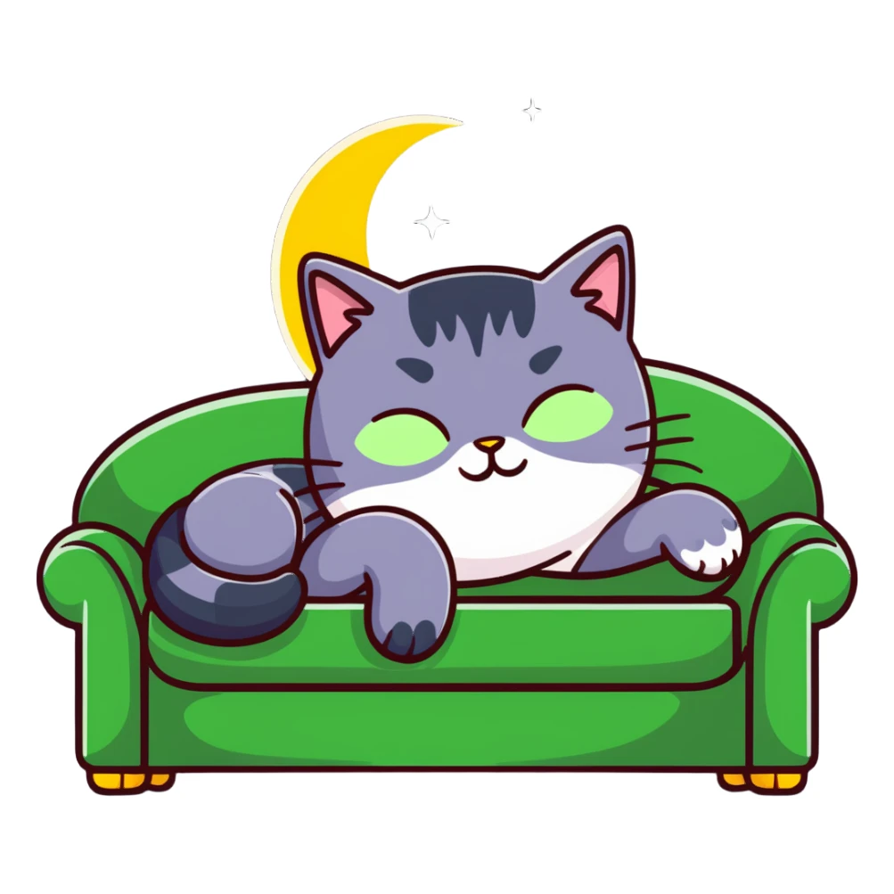 tricolor fluffy cat with big green eyes sleeping on a sofa with a moon above her sticker