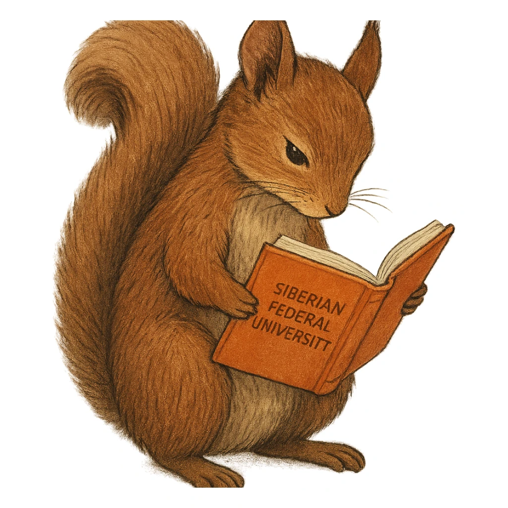 A cute brown squirrel with an orange book, studying at Siberian Federal University, looking down, full body, detailed fur, intelligent and beautiful sticker
