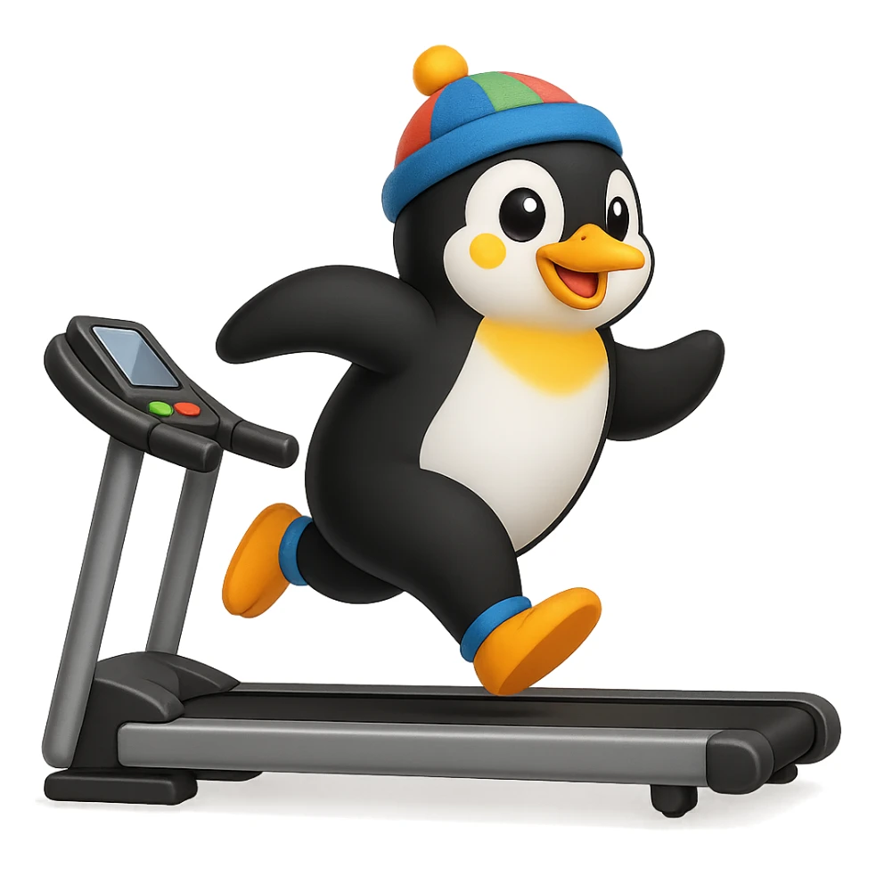 A penguin running on the treadmill wearing a hat, emoji style sticker