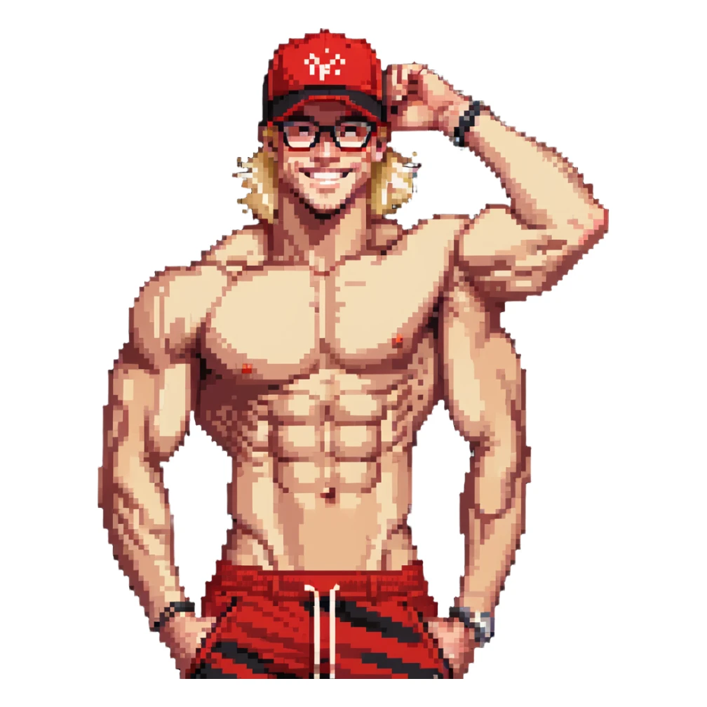 Skinny man with muscular definition, black and white cap with VANOMAS text, bare torso, red shorts, clear glasses, messy light blond hair, flexing muscles and smiling sticker