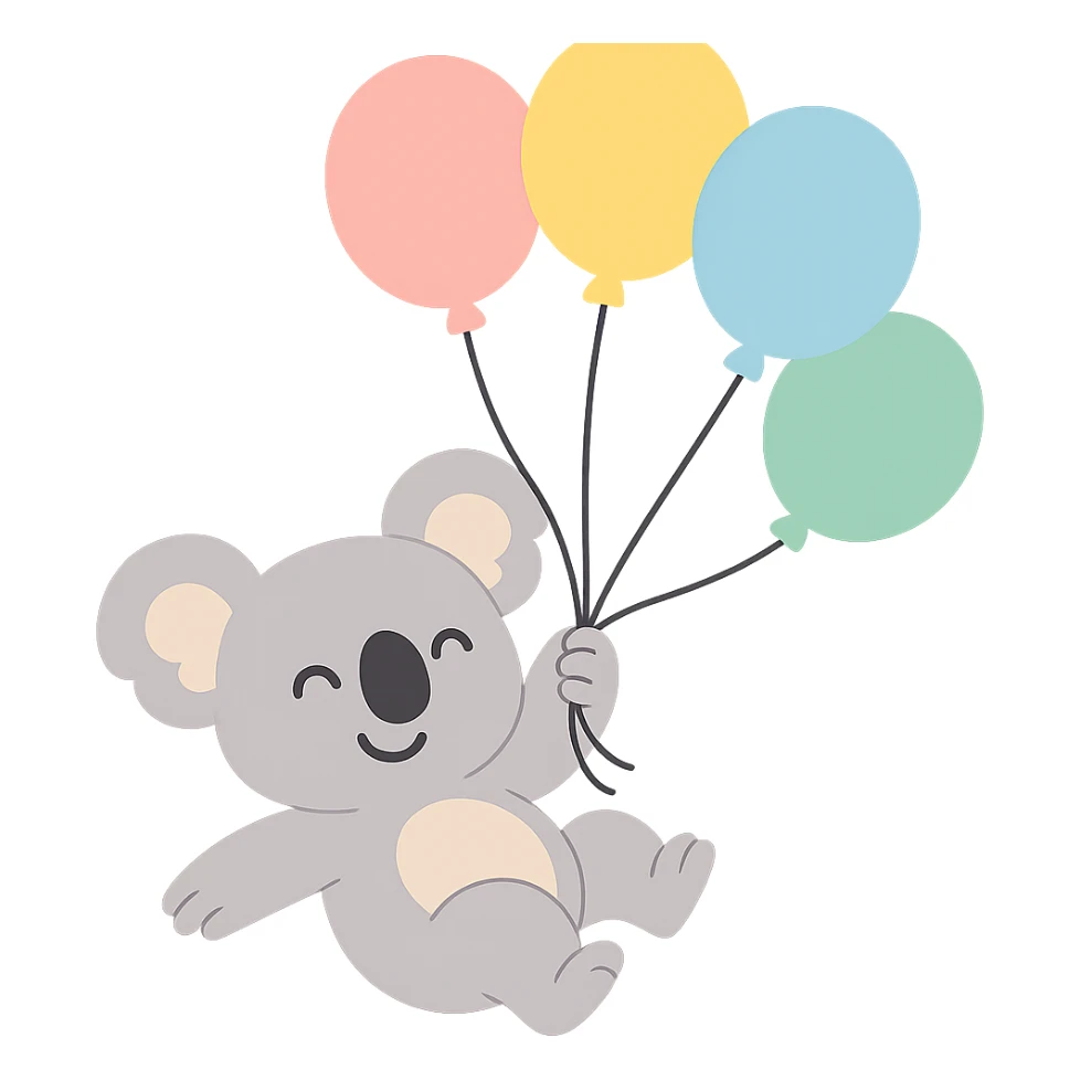 koala floating with pastel balloons, happy face, pastel-toon style sticker