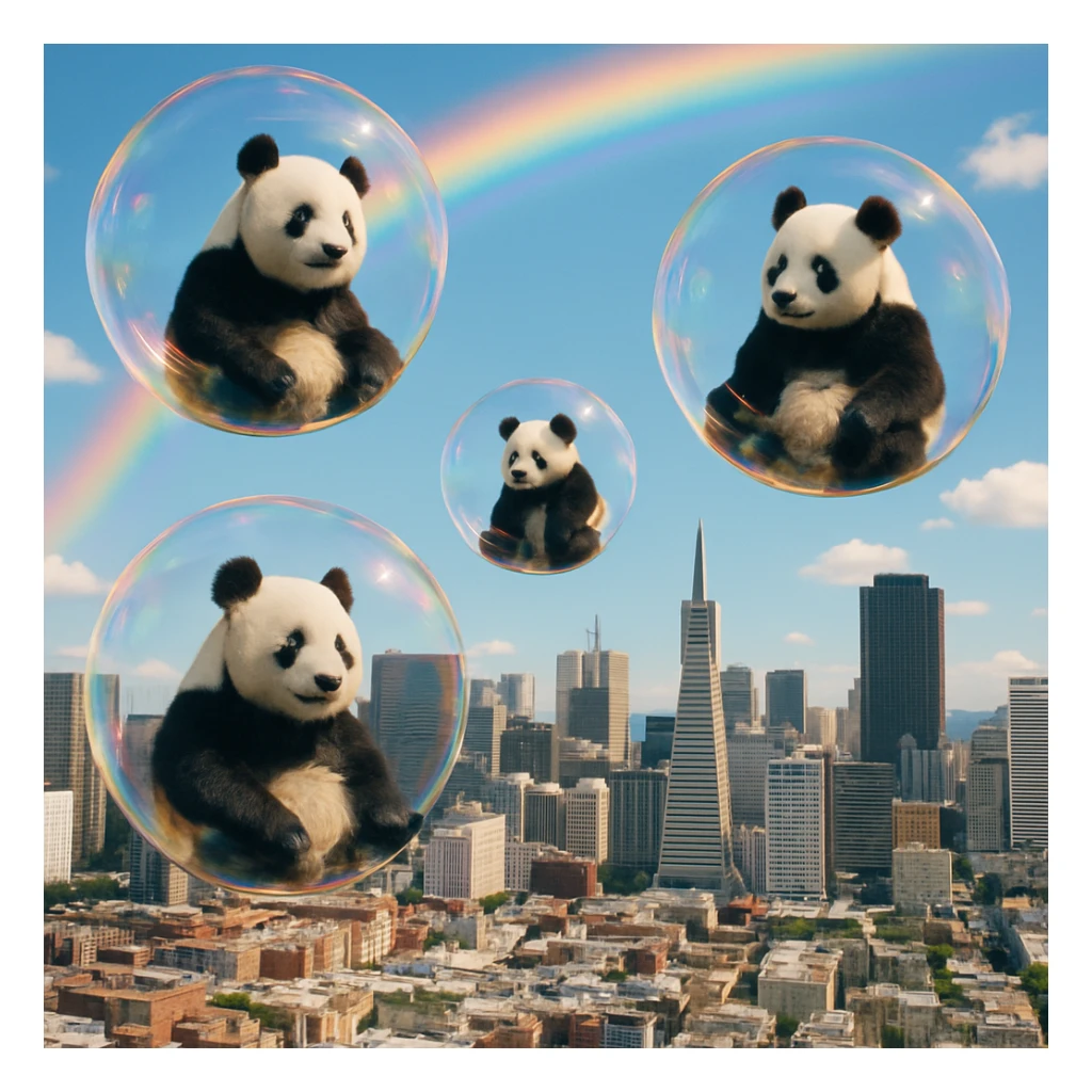 Cinematic still pandas bears sitting inside bubbles flying around San Francisco downtown, sunny summer day, happy vibe, colorfull surround, rainbow sticker