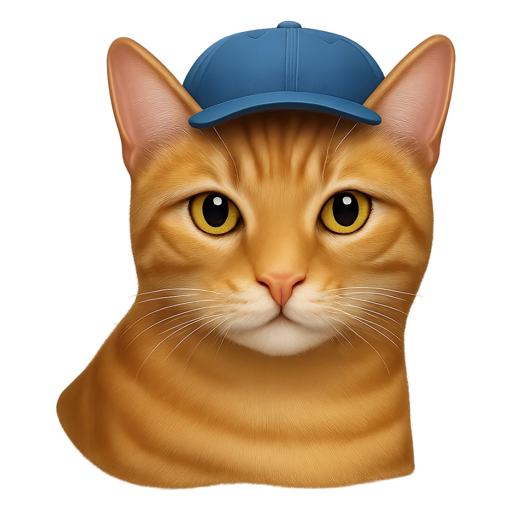 Change the cat's face expression to normal, keep the blue cap, and set the background to transparent. Maintain a style as close to the original realistic emoji as possible, with detailed fur texture and lifelike appearance. sticker