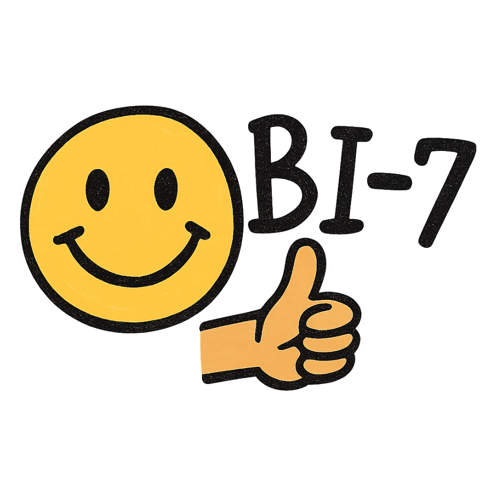cheerful face with thumb up, 'BI-7' written in playful hand-drawn text style sticker