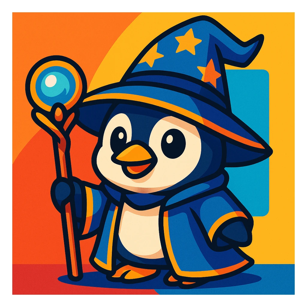 cute penguin dressed as a wizard, with a pointed hat and a magic staff, vibrant cartoon style sticker