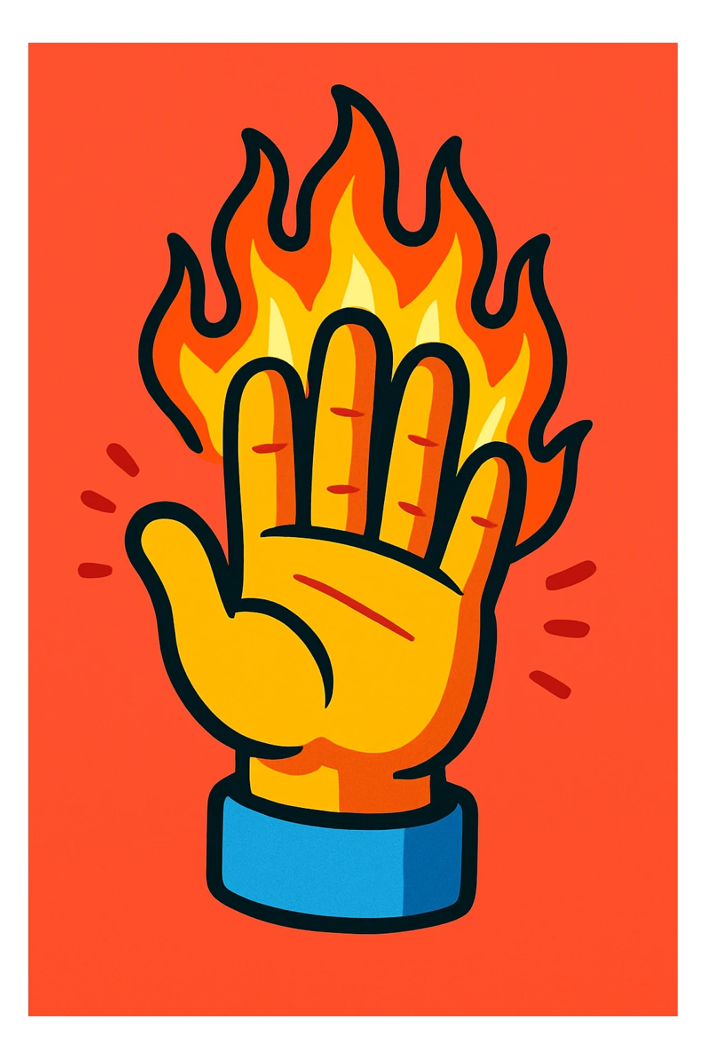 cartoon hand with flaming fingers, waving gesture, bold colors, no text sticker