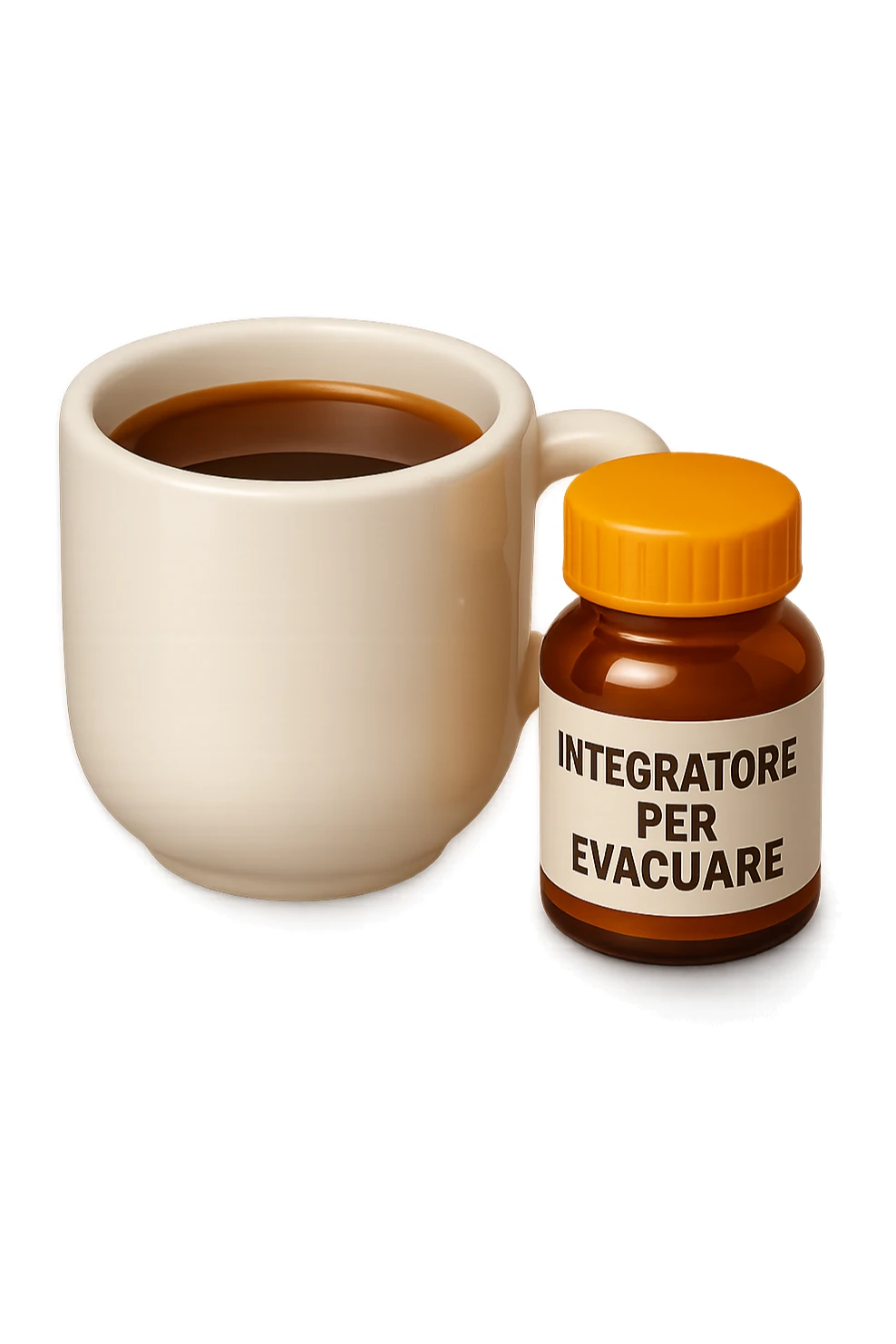 EMOJI STILE IPHONE 3D DI un caffè e di una boccetta di integratore con la scritta "INTEGRATORE PER EVACUARE" SULL'ETICHETTA, iperrealistico 4k sticker