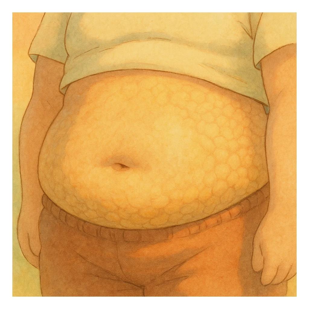 belly with stubborn fat, ghibli style, soft details, warm atmosphere, pastel colors, compact adipocytes sticker