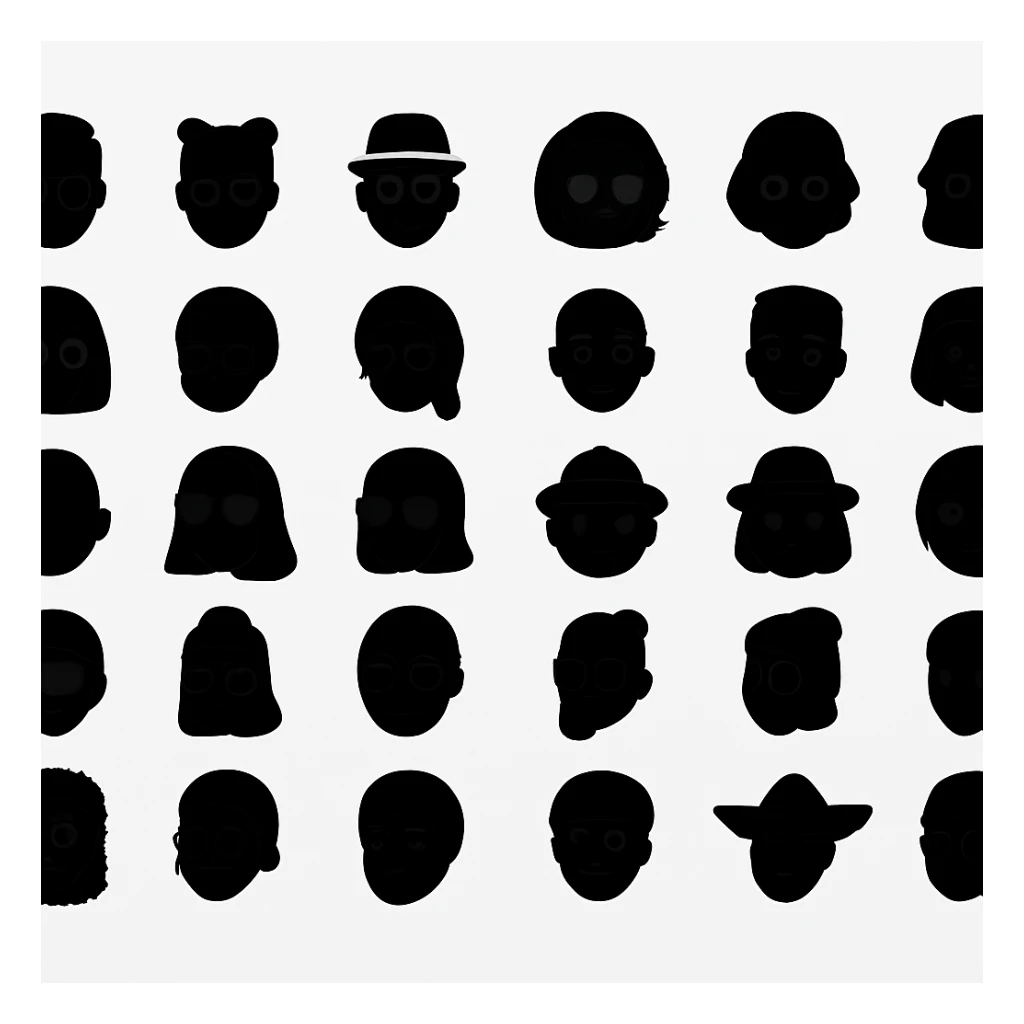 Redesign memoji into black matte monochrome avatars, leaving only the silhouettes of the sculptures. White Background sticker