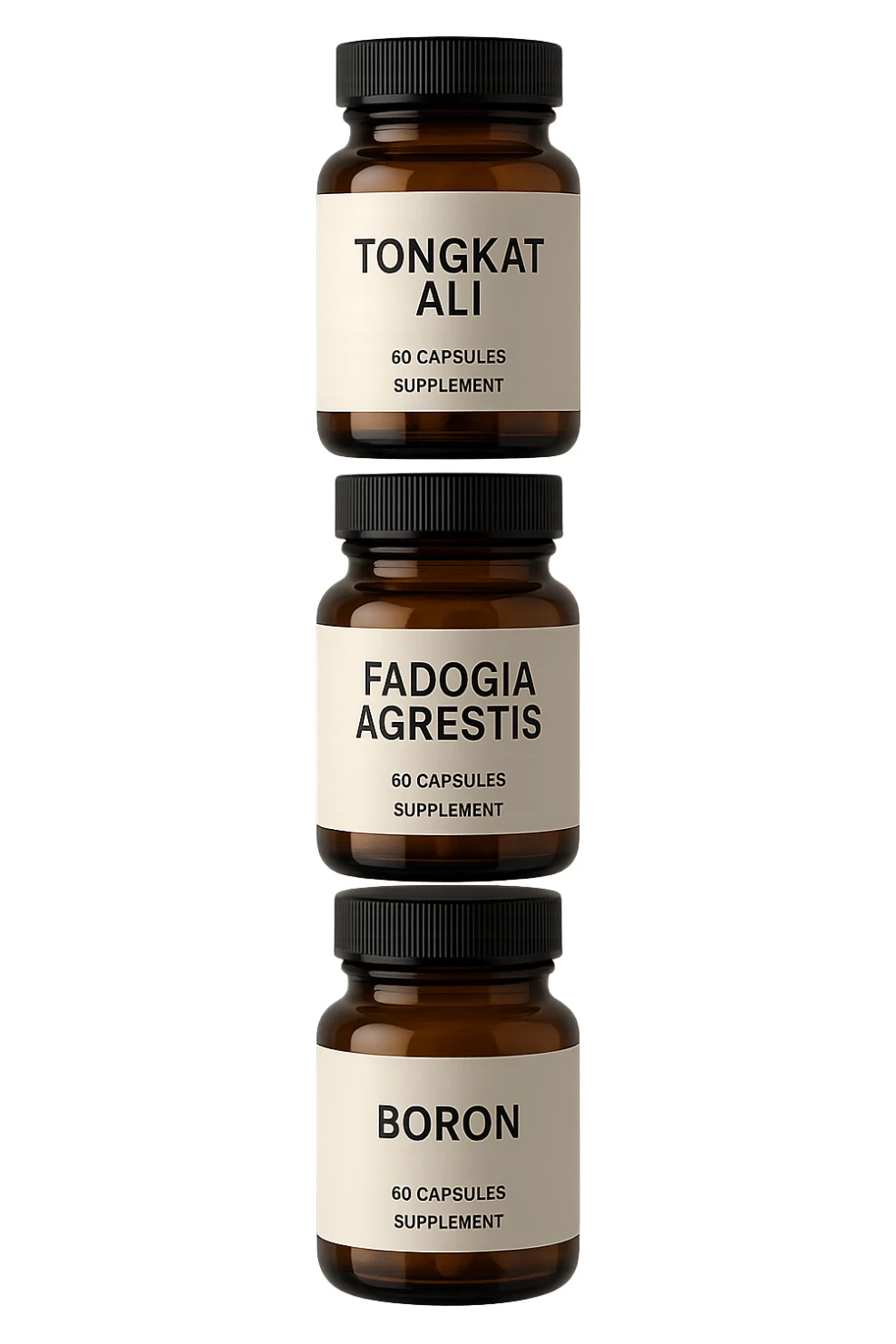 4 boccette di integratore: Tongkat Ali, Fadogia Agrestis, Boron e Zinco fluttuano in aria verticalmente sticker