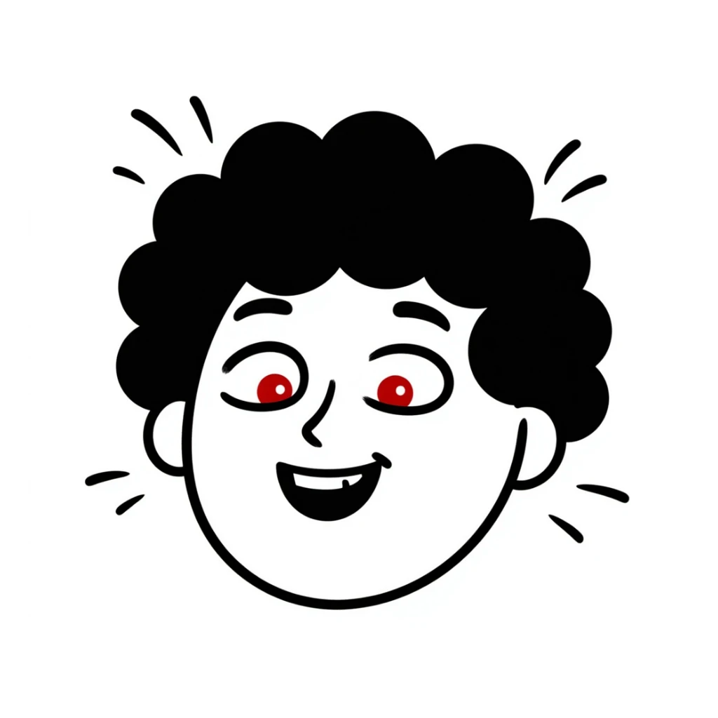 A hand-drawn face with squinted red eyes, a silly grin, and small spirals around the head to indicate being stoned sticker