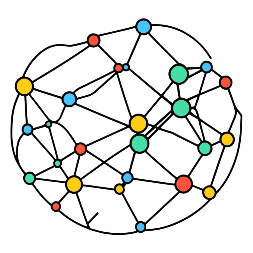 neural network diagram with connected nodes and edges, bright colors, simple design for telegram sticker