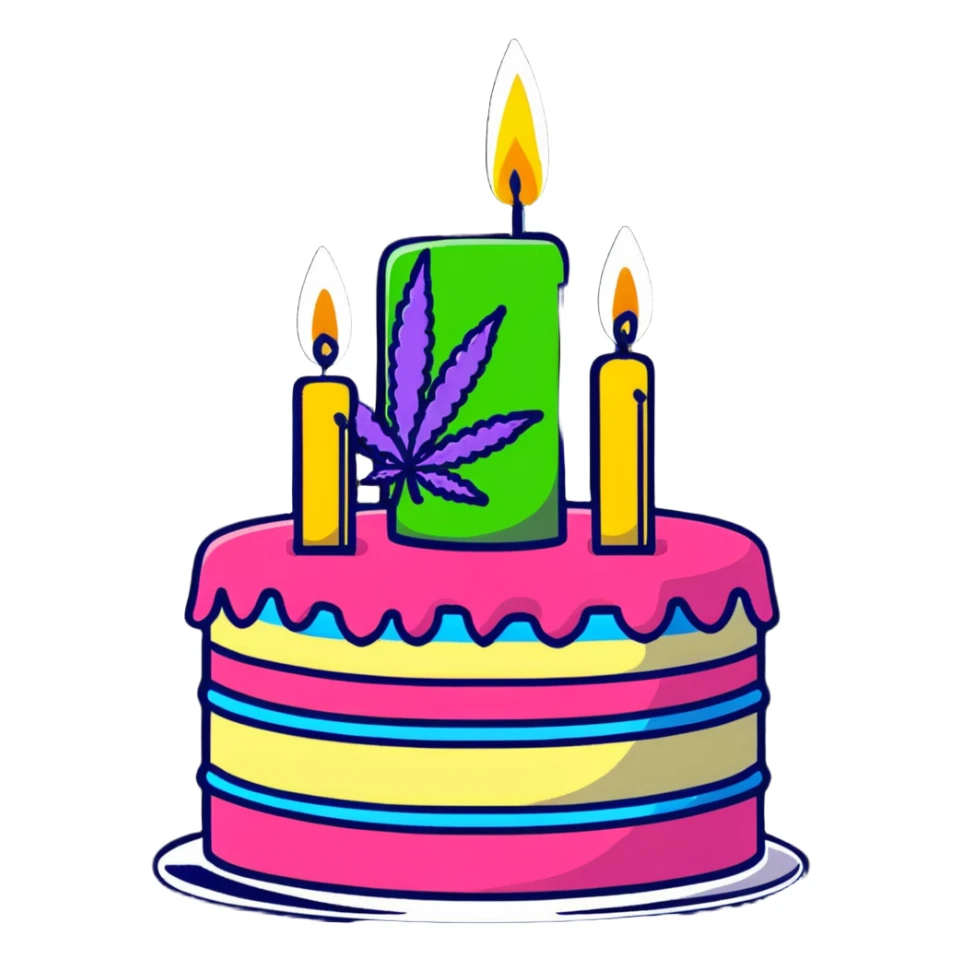 Festive birthday cake with cannabis leaf decorations and birthday candles sticker