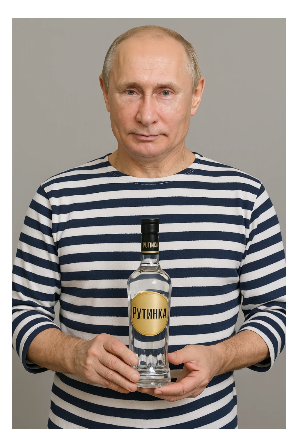 Сгенерируй мне как владимир путин в тельняжке держит эту водку, и на ней прям написанно только Путинка, другой текст убери. Путин полностью помещается в кадре, бутылка целиком и чётко видна в его руках, не обрезана краями изображения. На этикетке только слово «Путинка», без другого текста sticker