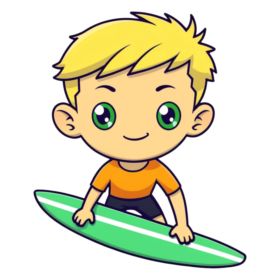 a blonde surfer boy with hair up to ears and has green eyes  sticker